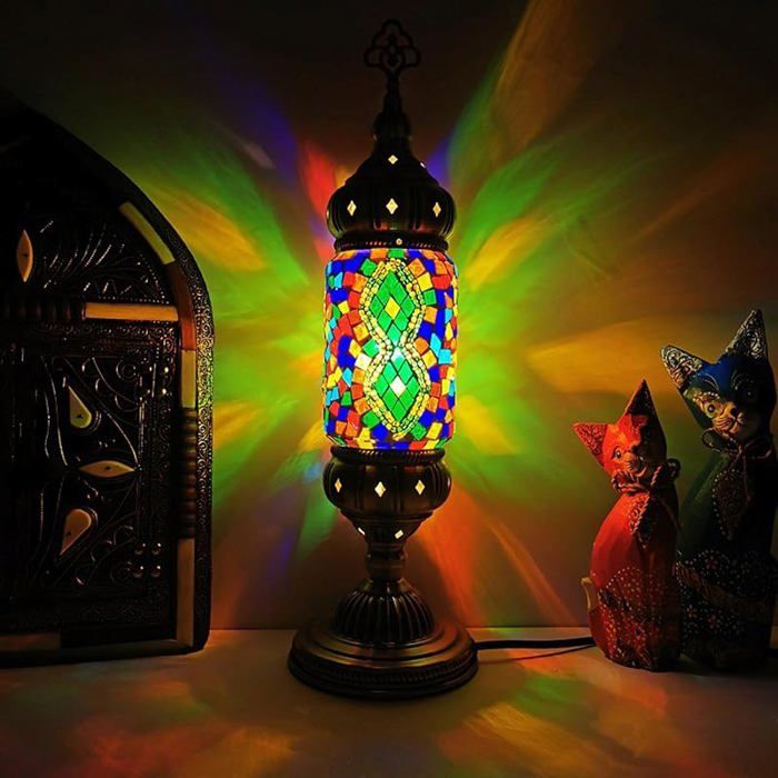 Lampe de Table Turque Marocaine Mosaïque en Verre Fait Main Base Bronze Lampe de Chevet Décorative LED Vert Jade gre LAMPE A POSER