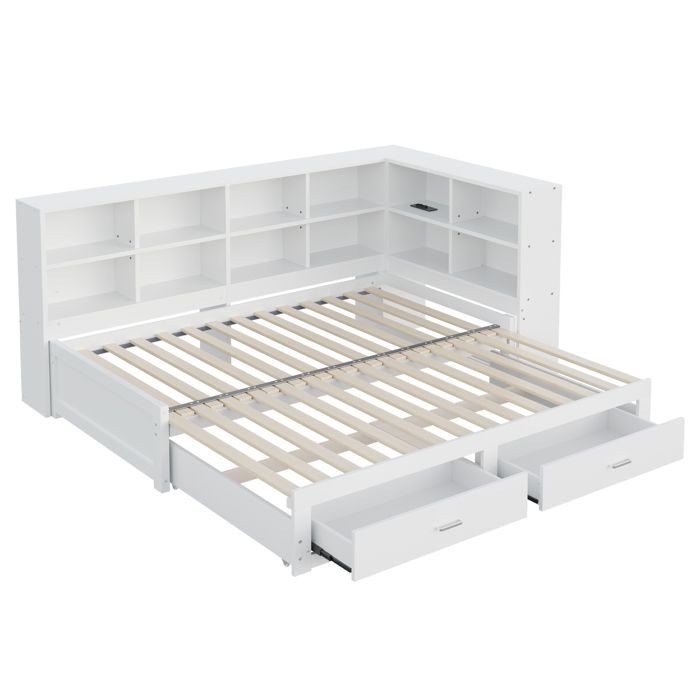 Lit banquette extensible 90/180 x 190 cm blanc en pin deux tiroirs rangements sommier et prise multifonction
