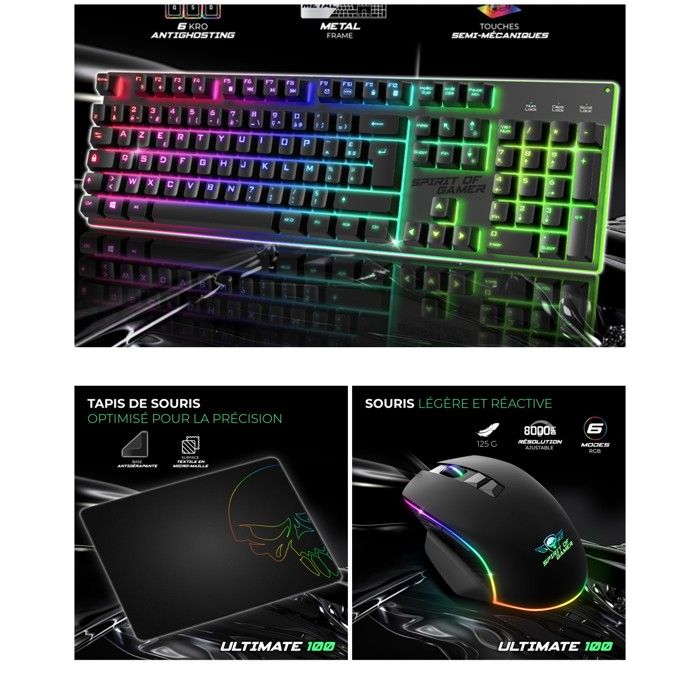 Spirit OF Gamer Pack gaming 3-en-1 - PRO-MK100 - Clavier semi-mécanique - Souris optique 7 boutons - Rétroéclairage RGB