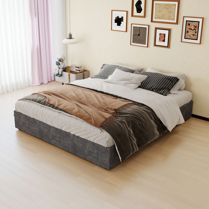 WOVREO Ensemble lit 160 x 200 cm gris avec sommier à lattes matelas mémoire de forme et vérins à gaz
