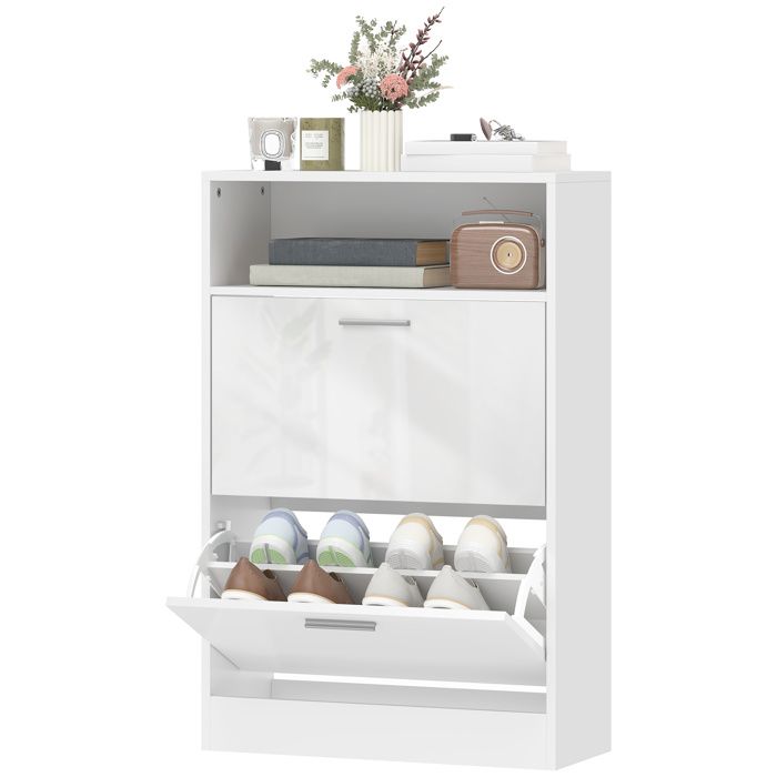 Meuble à Chaussures - Armoire 8 Paires 2 Tiroirs Rabattables Façades Haute Brillance - 59 x 24 x 90 cm - Blanc