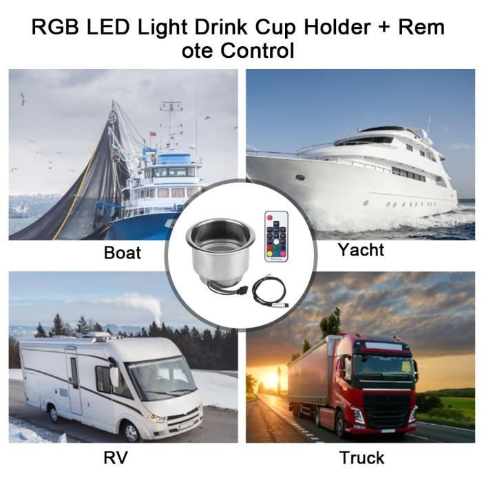 Porte-gobelet en Acier Inoxydable LED RGB avec T/él/écommande pour Camion de Camping-car Marin