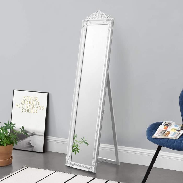 LI-Miroir de Grande Taille sur Pied Psyché Inclinable Solide Cadre Style Baroque Bois dEucalyptus 160 x 40 cm Blanc Mat[61]