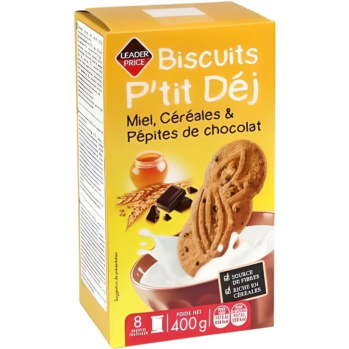 Biscuits miel pépites chocolat P'tit Déj Leader Price - 400g