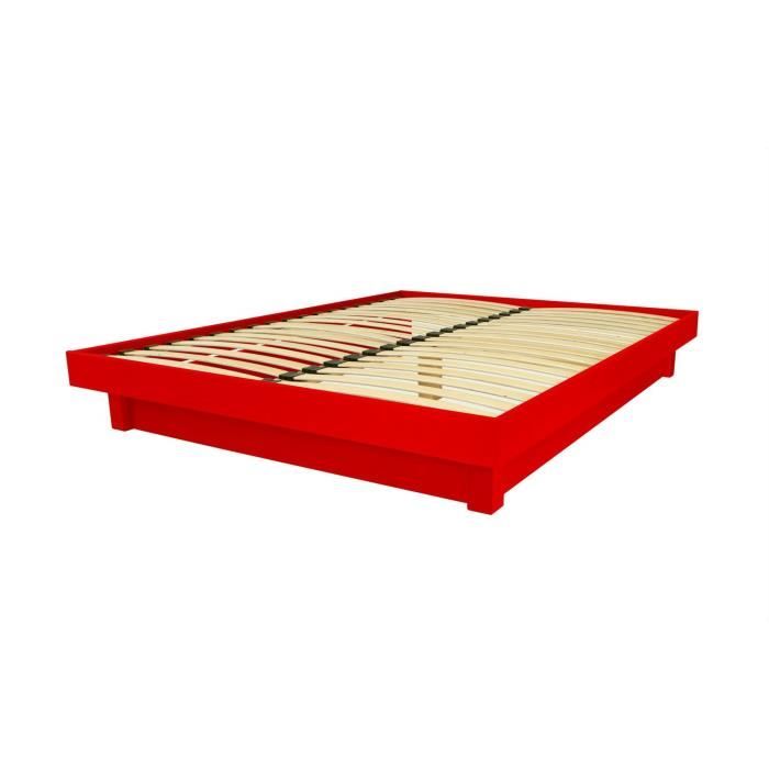 lit plateforme bois massif - rouge - 140x200 - 2 places - sommier inclus - classique - intemporel
