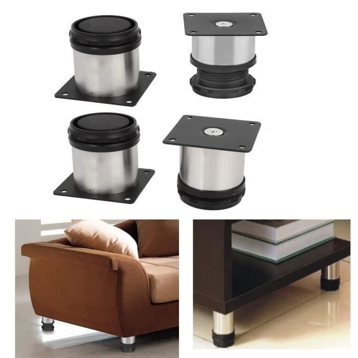 4 pieds réglables et ronds pour meuble de cuisine 50 x 50 mm Couleur noir et argent En acier inoxydable