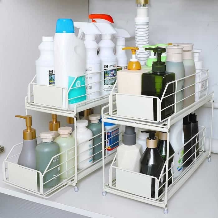 ZOFUN Lot De 2 Organiseurs Sous Évier Extensibles 25x37cm Jusqu'à 65cm - Rangement Cuisine Blanc