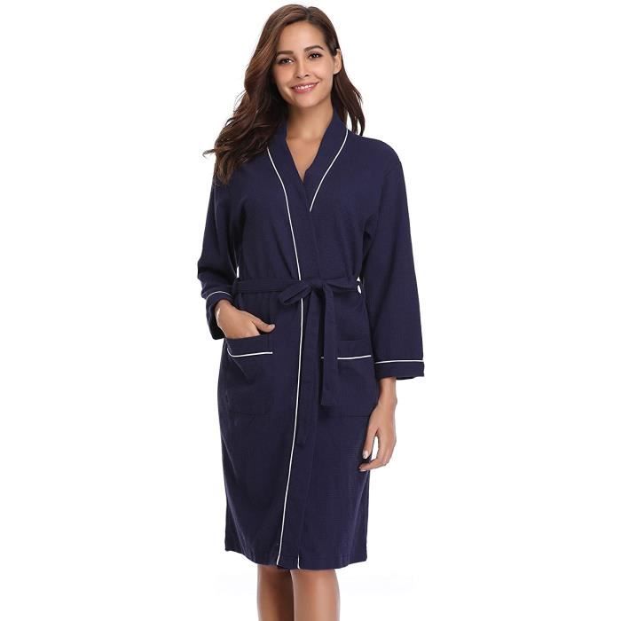 Peignoir Court Femme Lovasy En Tricot Gaufré - Genou - Col V - Ceinture - 95% Polyester - Léger Et Doux
