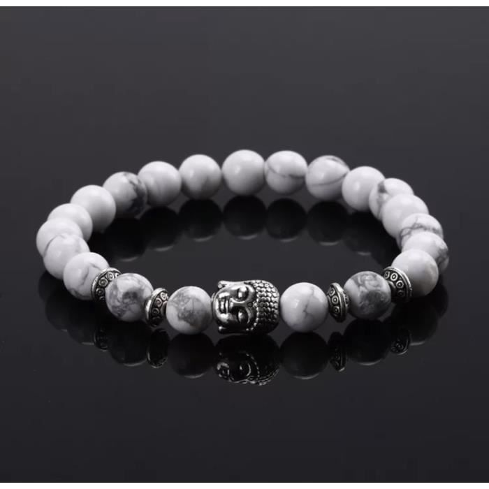 Bracelet - Bouddha - Blanc/Argenté - Extensible - Pierre Naturelle - Mixte