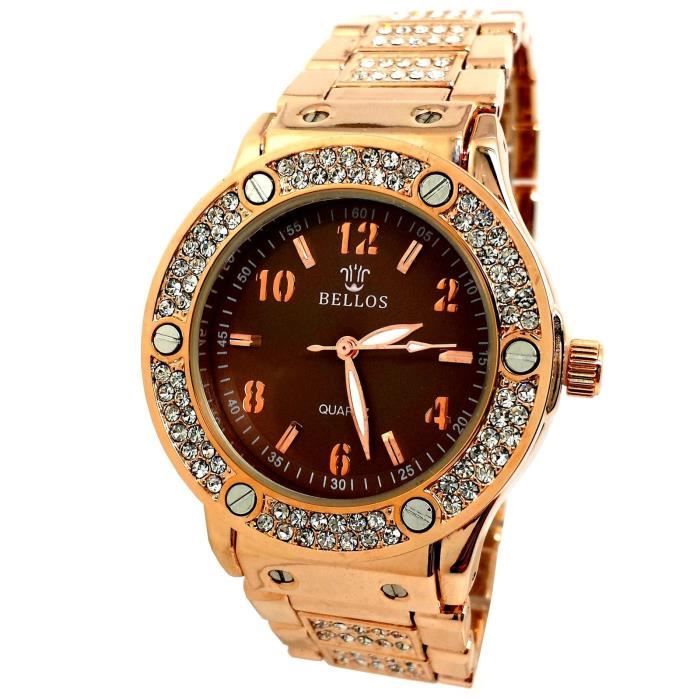 MONTRE FEMME BRONZE CUIVRE MARRON ACIER STRASS ROND CLASSIQUE MODE