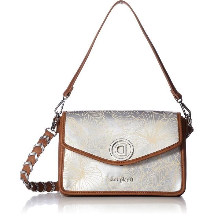 Desigual Sac bandouliere femme a rabat en simili cuir argente et