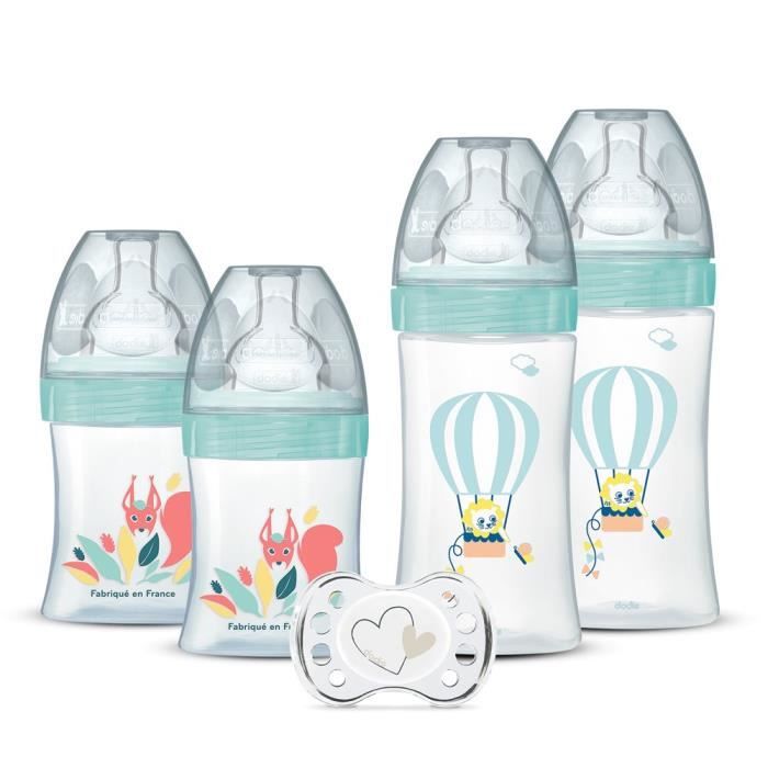 DODIE Lot de 4 biberons naissance Tétine Plate Anti-Colique (2x150mL et 2x270mL), + une sucette nais