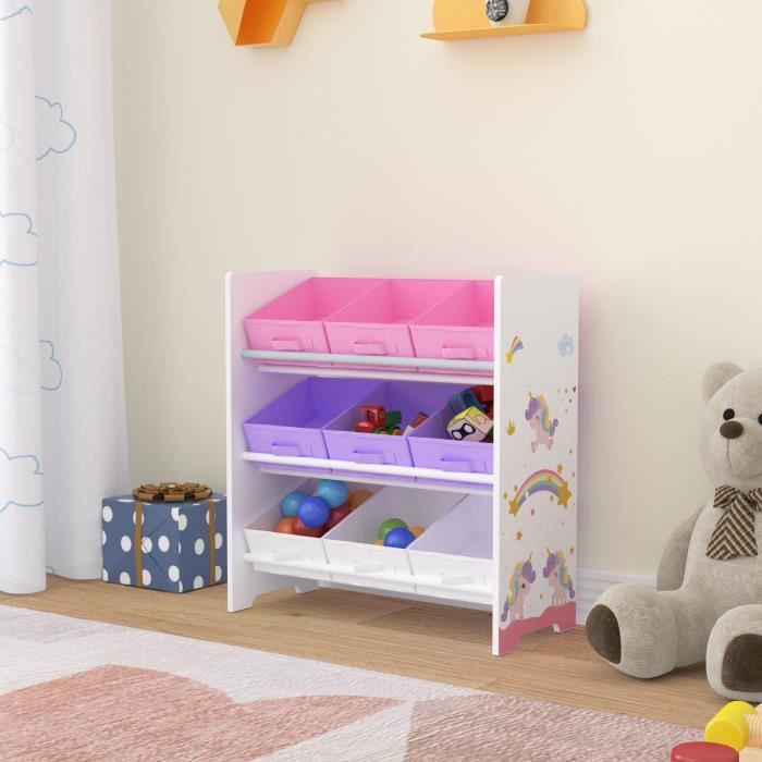 Étagère de rangement Boiro pour enfant avec 9 bacs pliables blanc violet rose