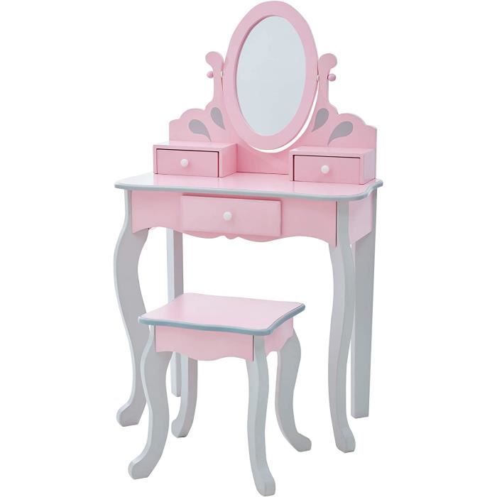 fantasy fields coiffeuse enfant en bois table maquillage avec miroir et tabouret rose rapunzel td-12851a