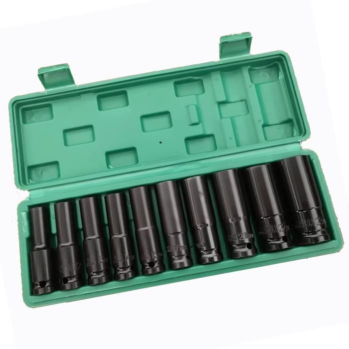 Jeu De 10 Douilles Longues à Chocs Hexagonales 1/2'' - Tailles 5mm à 19mm Avec Boîte De Rangement, Idéal Bricolage Et Réparation Auto