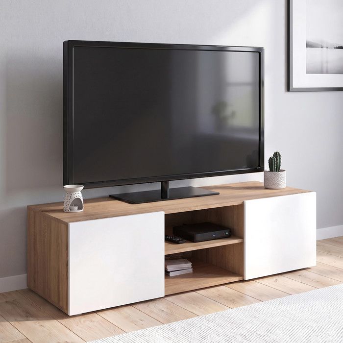 ID MARKET meuble tv ELI 2 portes 113 cm bois et blanc à poser