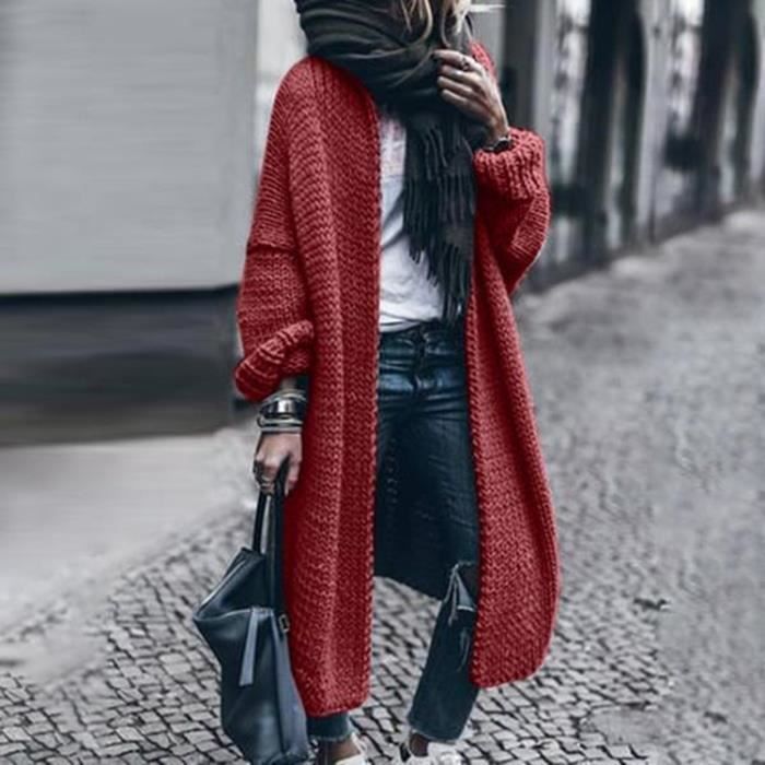 Femme Gilet Long Tricot en Maille Manche Chauve Souris Casual