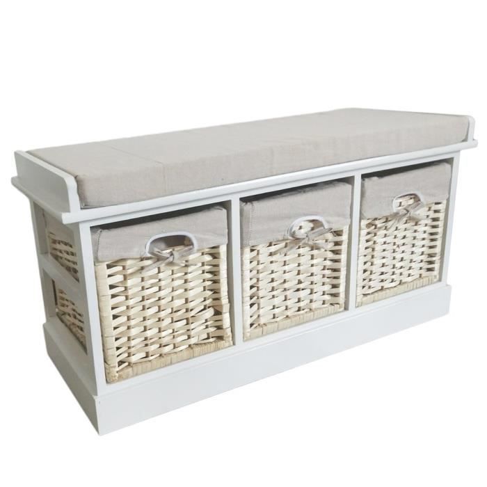 Banc De Rangement Avec Assise Coussin Rembourre Et 3 Paniers Tresses 90x35x46cm Blanc Meuble De Rangement Chaussures Commode Achat Vente Tabouret Soldes Sur Cdiscount Des Le 20 Janvier Cdiscount