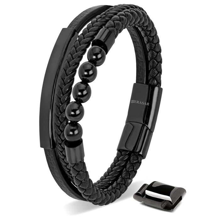 Bracelet en Cuir pour Homme SERASAR B036-17 Noir Bijoux de bracelet élégants cadeau danniversaire parfait pour mari ou ami
