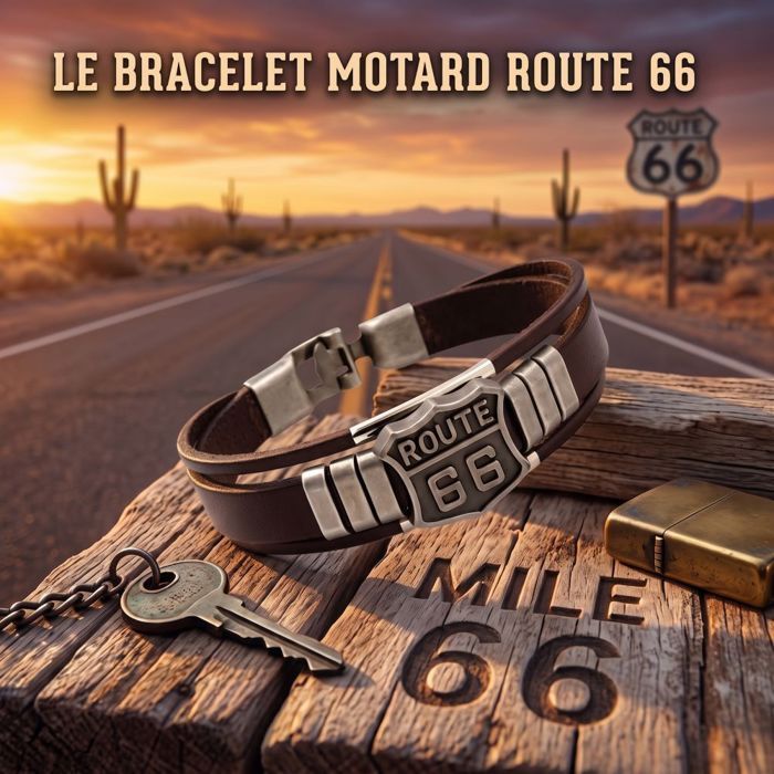 Bracelet - Motard - Cuir - Marron - Acier Inoxydable - Vieilli - Route 66 - Homme