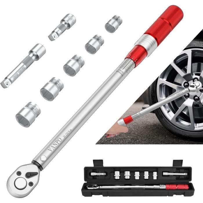 VANPO Clé Dynamométrique 1-2, Clé de Torsion 20-220 Nm 8 Pièces Kit