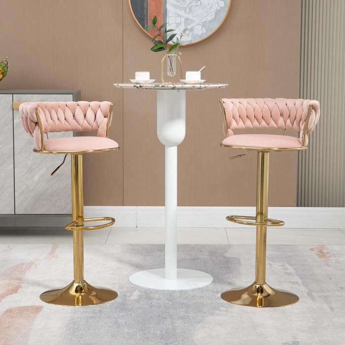 lot de 2 tabourets de bar - chaise de bar - rotatif sur 360° - hauteur réglable - avec dossier et or repose-pieds, rose