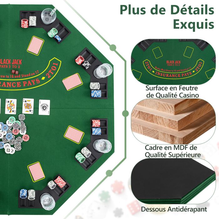 FANTASK Tapis De Poker 120 Cm Pliable 4 Panneaux – Texas Holdem – 8 Joueurs – Porte-gobelets – Surface Feutre Et Sac De Transport