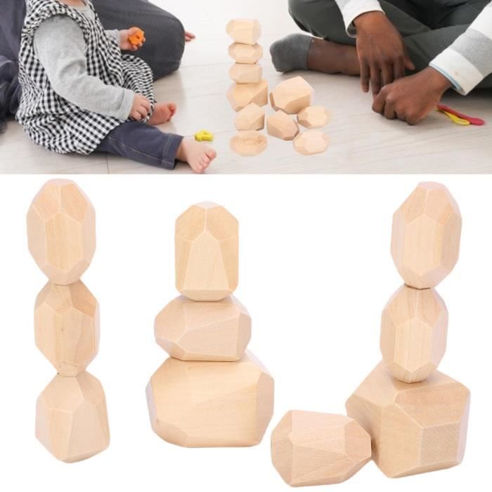 Blocs en bois – Lot de 100 blocs de construction en bois avec sac de transport et récipient (couleur naturelle) – 100 % bois véritable