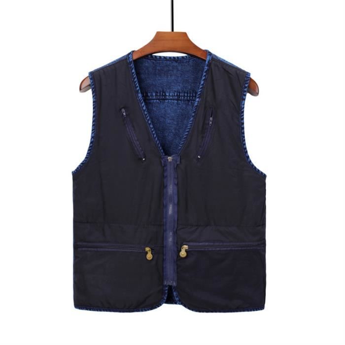 Gilet Homme en jean INSFITY Sans Manche Col V Multi-poches