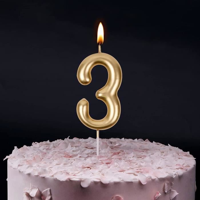 3 ans Bougies d'anniversaire numéro 3, bougies d'anniversaire doré
