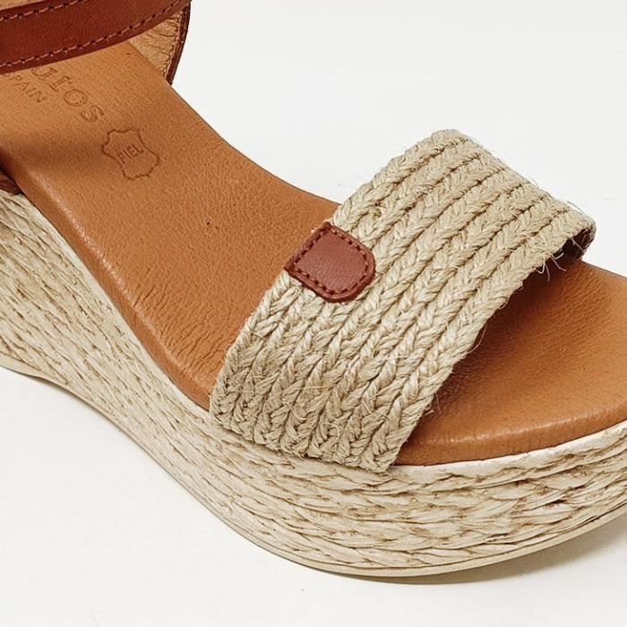 Sandales compens es cuir et jute Eva Frutos couleur beige