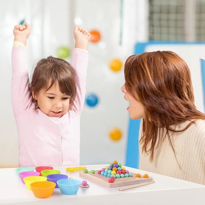 Volumoon Rainbow Clip Beads – Jouet Montessori En Bois – 77 Perles, Pinces, Baguettes, Cuillère – Dès 3 Ans