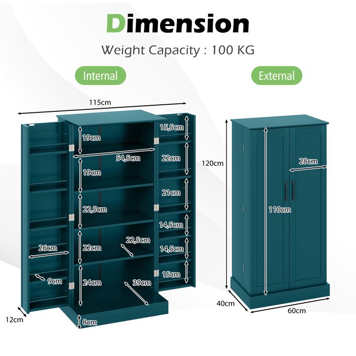 GIANTEX Buffet de Cuisine H190 cm à 6 Etages- 2 Placards avec 4 Portes 2 Compartiments- Meuble Rangement pour Salle de Bain- Noir - Maison
