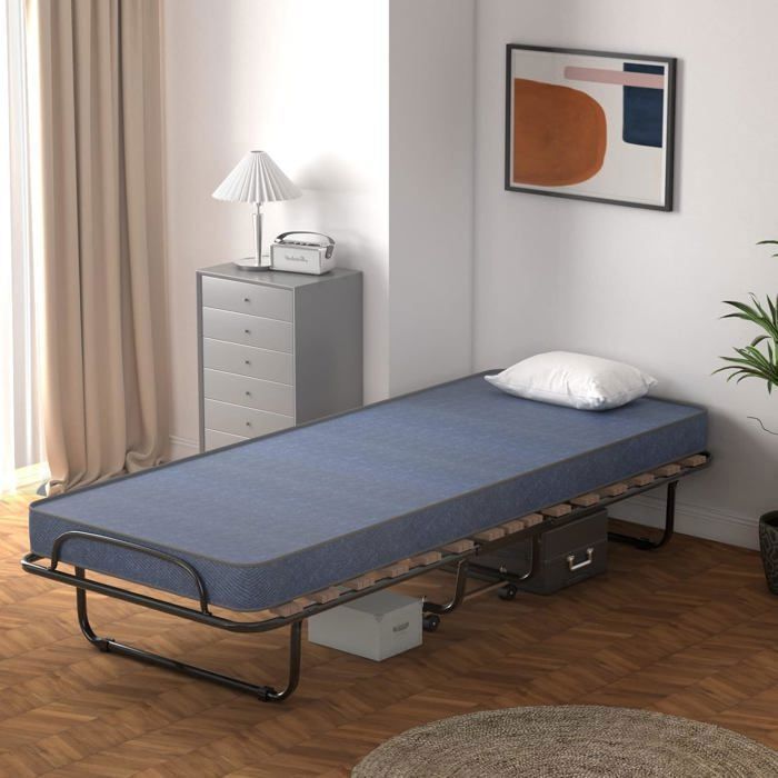 Lit Pliant sur Roulettes 190 x 80 x 33 CM Lit d'Appoint avec Matelas en Mousse 6,5 CM pour Maison et Bureau Noir+Bleu/Beige/Gris Lit Pliant sur Roulettes 190 x 80 x 33 CM Lit d'Appoint avec Matelas en Mousse 6,5 CM pour Maison et Bureau Noir+Bleu/Beige/Gris