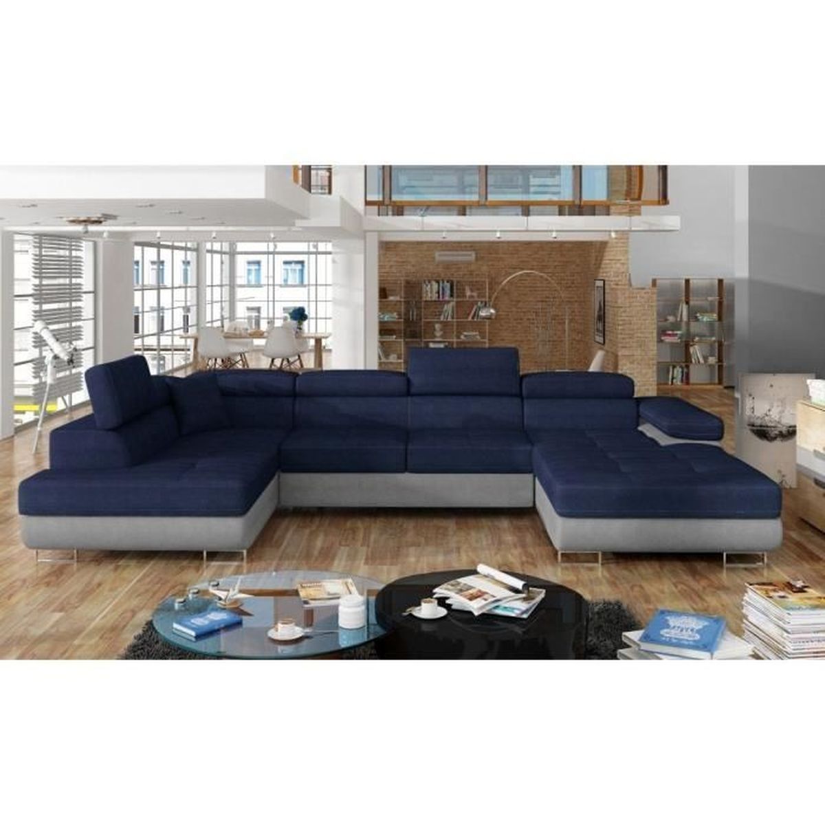 alicia canape panoramique convertible en tissu bleu et simili gris coffre de rangement angle droit achat vente canape sofa divan cdiscount