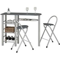 Ensemble STYLE avec table haute de bar mange-debout comptoir et 2 chaises/tabourets, en MDF gris mat et structure en métal