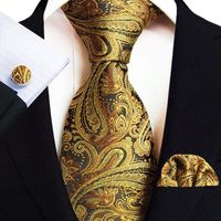Cravate Homme Paisley Tissée Jacquard Mouchoirs de Poche Boutons de manchette 3 Pièces - Jaune