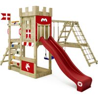 Aire de jeux en bois WICKEY DragonFlyer avec balançoire et toboggan rouge pour enfants de 3 ans et plus
