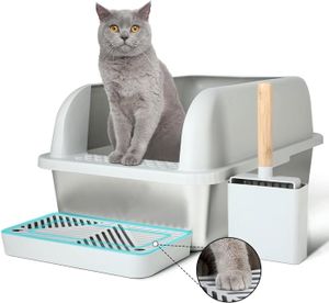 MAISON DE TOILETTE gris bac litiere pour Chat, XXL Maison de Toilette Chat,Antiadhésive, Grande litiere Chat métal avec parois Hautes, étanche,