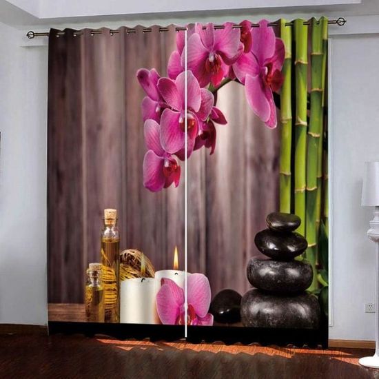 Rideau Occultant 117x175cm Motif Bambou Fleurs Roses - Idéal Pour Chambre, Salon, Spa Ou Yoga