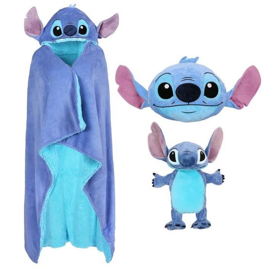 Un ensemble bleu sur le thème de Stitch Disney : cape, coussin