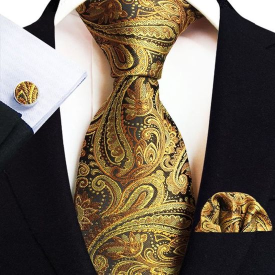 Ensemble Cravate Homme 4 Pièces - Jacquard Vert, Mouchoir, Boutons De Manchette, Neuves