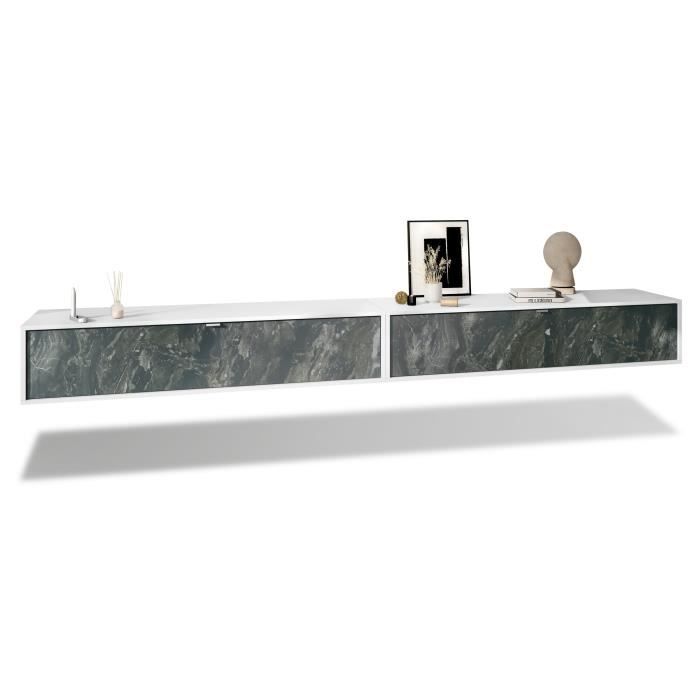 Ensemble de 2 set meuble TV Lana 140 armoire murale lowboard 140 x 29 x 37 cm, caisson en blanc mat, façades en Marbre Graphite