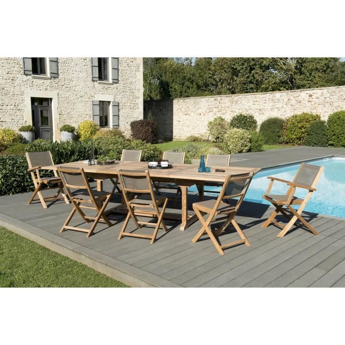 Ensemble de jardin en teck : 1 table rectangulaire 200 / 300 x 120 cm - 3 lots de 2 chaises pliantes - Lot de 2 fauteuils pliants JA