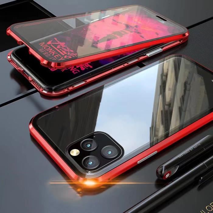 1pcs Magnétique Coque Pour iphone 11pro Bumper Devant Dos En Verre Trempé Bumper Rouge