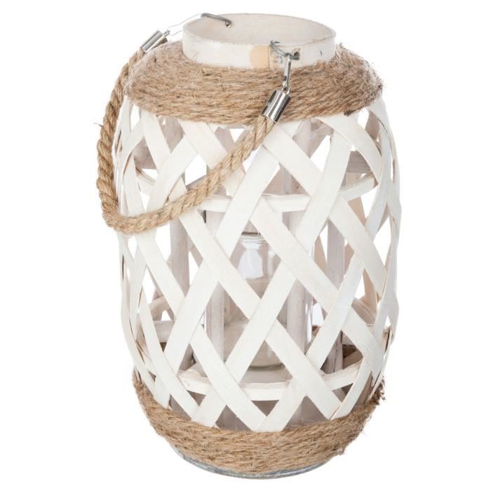 Lanterne en bambou Ethnik - H. 32 cm - Blanc