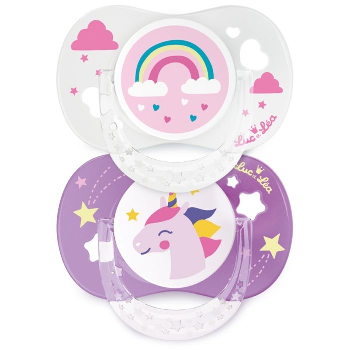 Luc et Léa Sucette Silicone Anatomique Edition Limitée Duo Licorne Arc en ciel +18mois