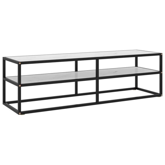 Meuble TV Banc TV Armoire Tele Table Television noir avec verre marbre blanc 140x40x40 cm☆4812
