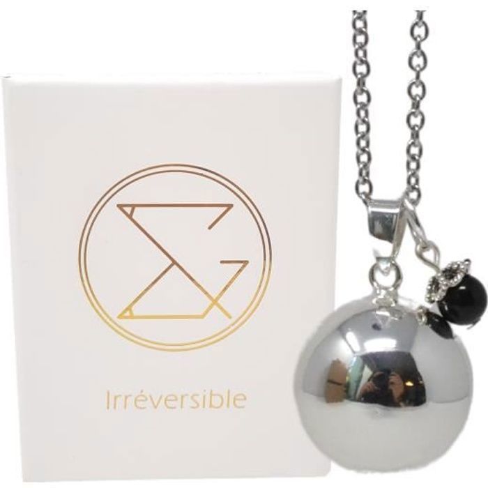 Bola de grossesse argent lisse pierre naturelle avec chaîne - Lithothérapie Obsidienne - plaquée argent véritable - coffret cadeau