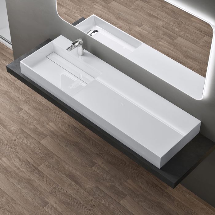 Sogood Lavabo suspendu blanc 150cm vasque à poser lave mains rectangulaire de qualité pour salle de bain Colossum12-L